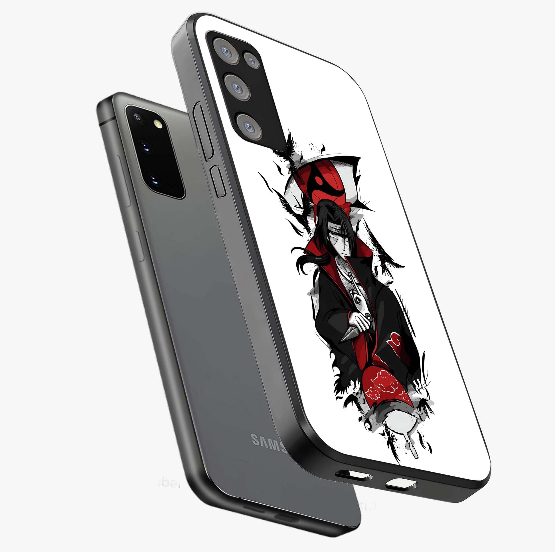 Itachi Limited Edition Naruto Anime Glass Case displayed in angled mockup highlighting dramatic anime illustration with bold action aesthetic.