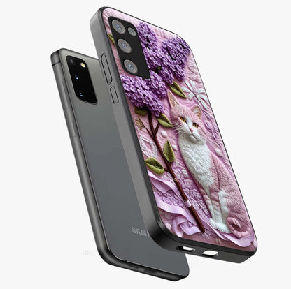 Lavender Cat Whimsy Glass Case displayed in angled mockup highlighting playful feline illustration with pastel lavender aesthetic.