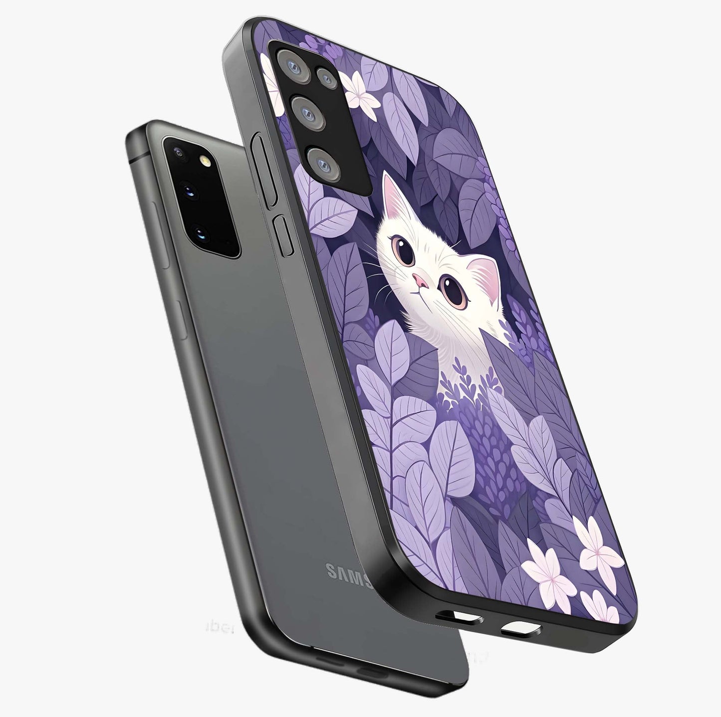 Lilac Hide Peek Cat Glass Case displayed in angled mockup highlighting playful feline illustration with lilac aesthetic design.