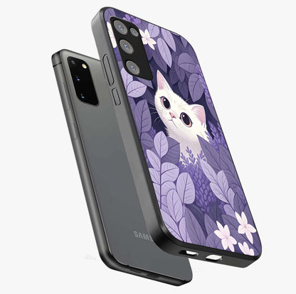 Lilac Hide Peek Cat Glass Case displayed in angled mockup highlighting playful feline illustration with lilac aesthetic design.