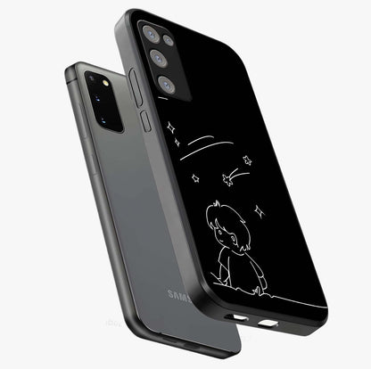 Line Art Boy With Shooting Stars Glass Case displayed in angled mockup highlighting elegant line art design with dreamy star aesthetic.