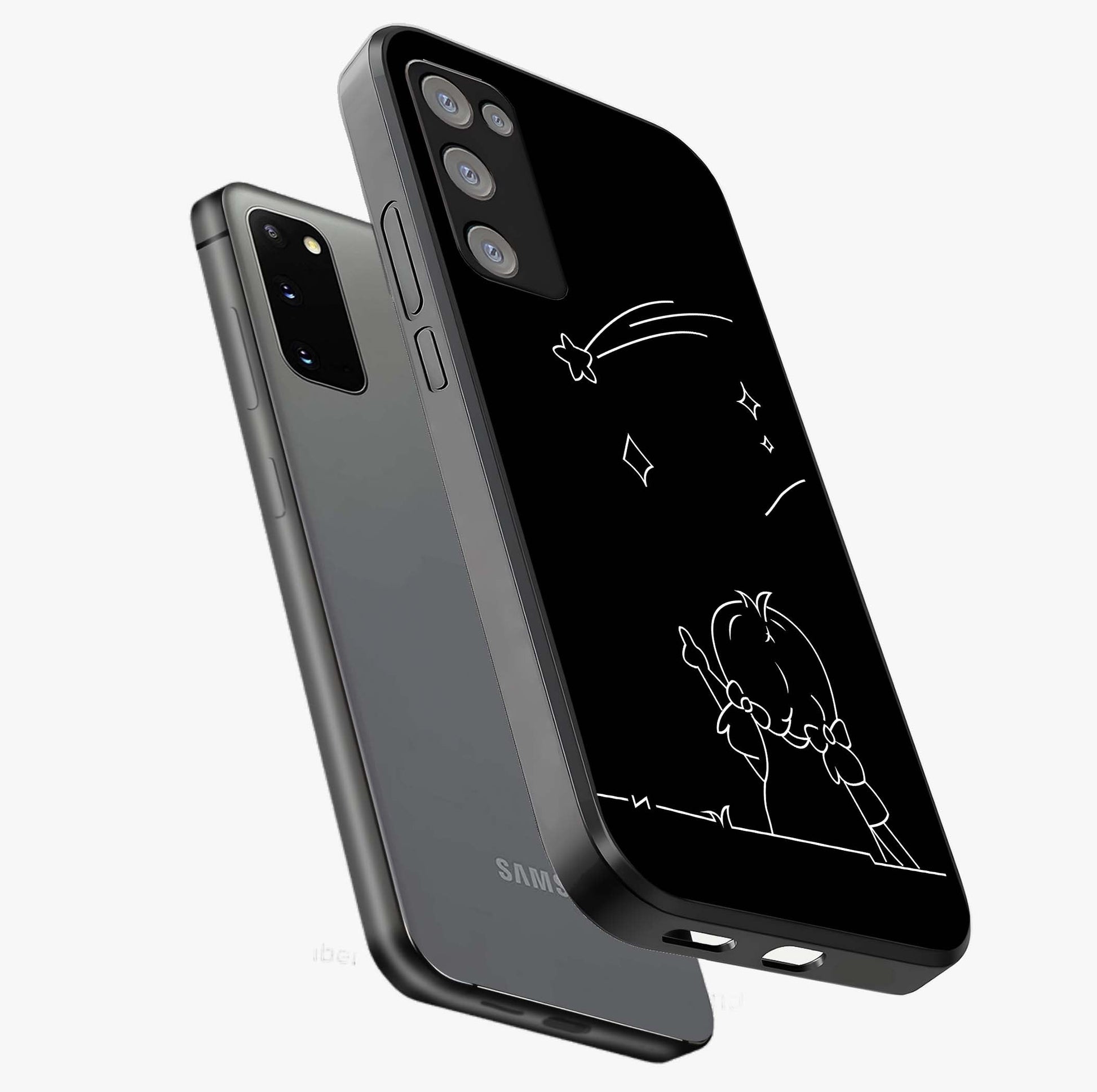 Line Art Girl With Shooting Stars Glass Case displayed in angled mockup highlighting elegant line art design with dreamy star aesthetic.