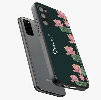 Lotus Bloom Serenity Custom Name Glass Case displayed in angled mockup highlighting graceful lotus illustration with custom name feature.