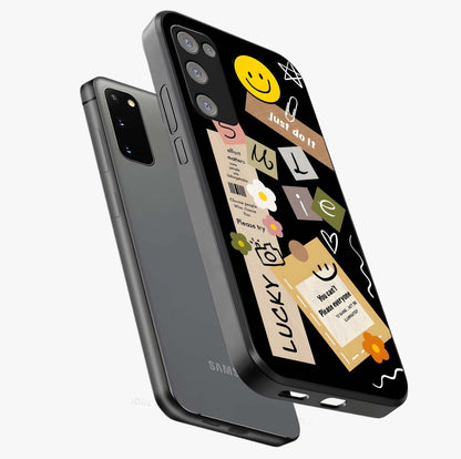 Lucky Aesthetic Collage Glass Case displayed in angled mockup highlighting stylish collage pattern with modern aesthetic vibe.