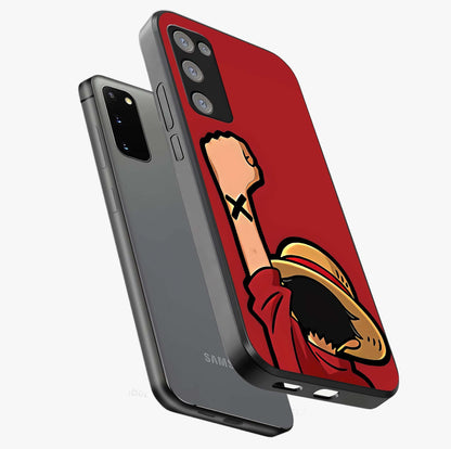 Luffy X Spirit Glass Case displayed in angled mockup highlighting powerful anime design with energetic action aesthetic.