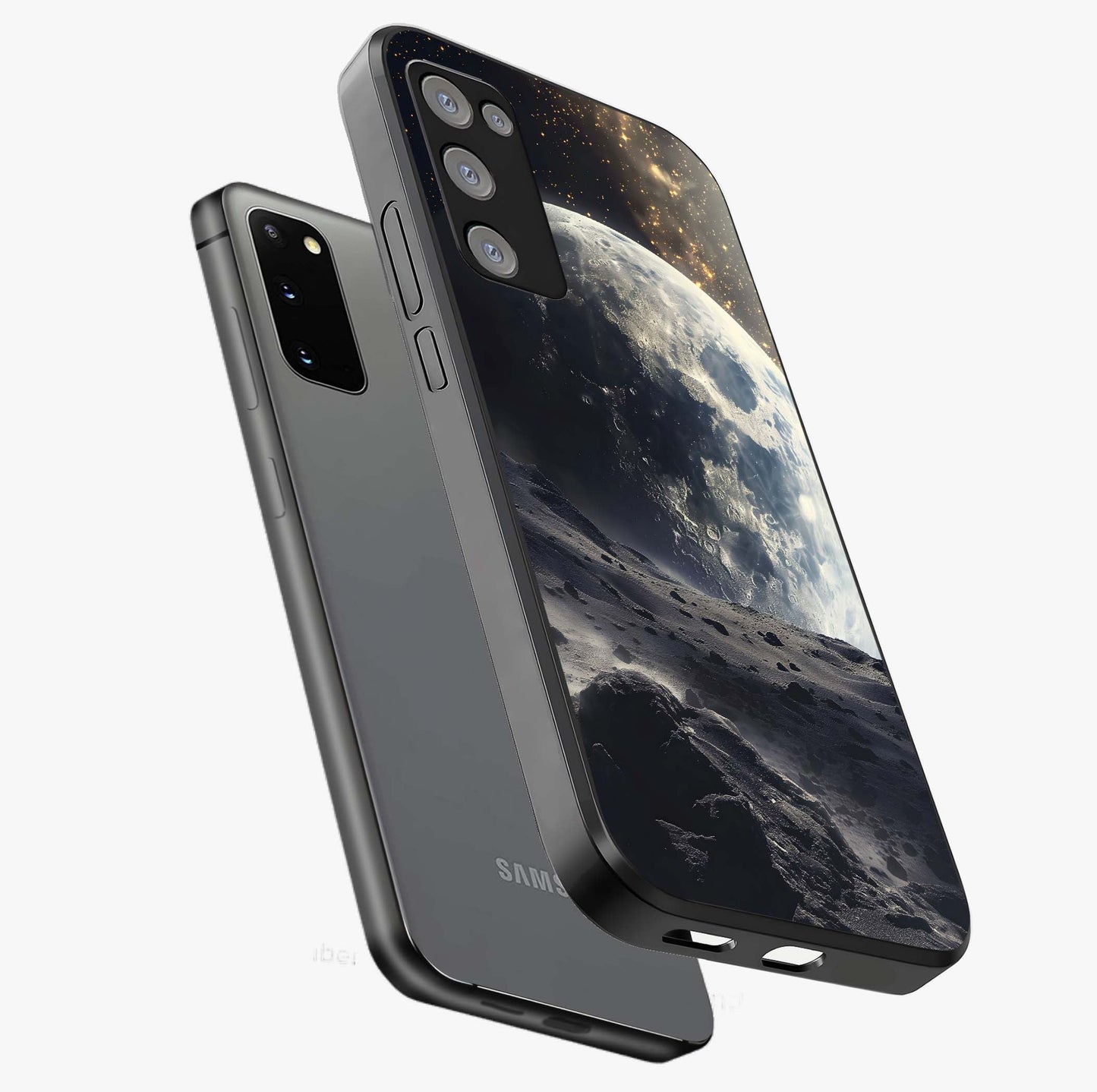 Lunar Horizon Glow Glass Case displayed in angled mockup highlighting celestial moon design with dreamy night aesthetic.