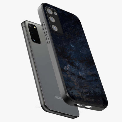 Lunar Veil Silence Glass Case displayed in angled mockup highlighting soft lunar design with peaceful celestial aesthetic.