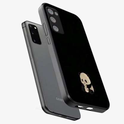 Midnight Panda Love Glass Case displayed in angled mockup highlighting adorable panda illustration with midnight aesthetic.