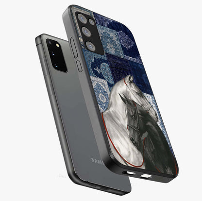 Midnight Stallion Blues Glass Case displayed in angled mockup highlighting powerful stallion illustration with deep midnight tones.
