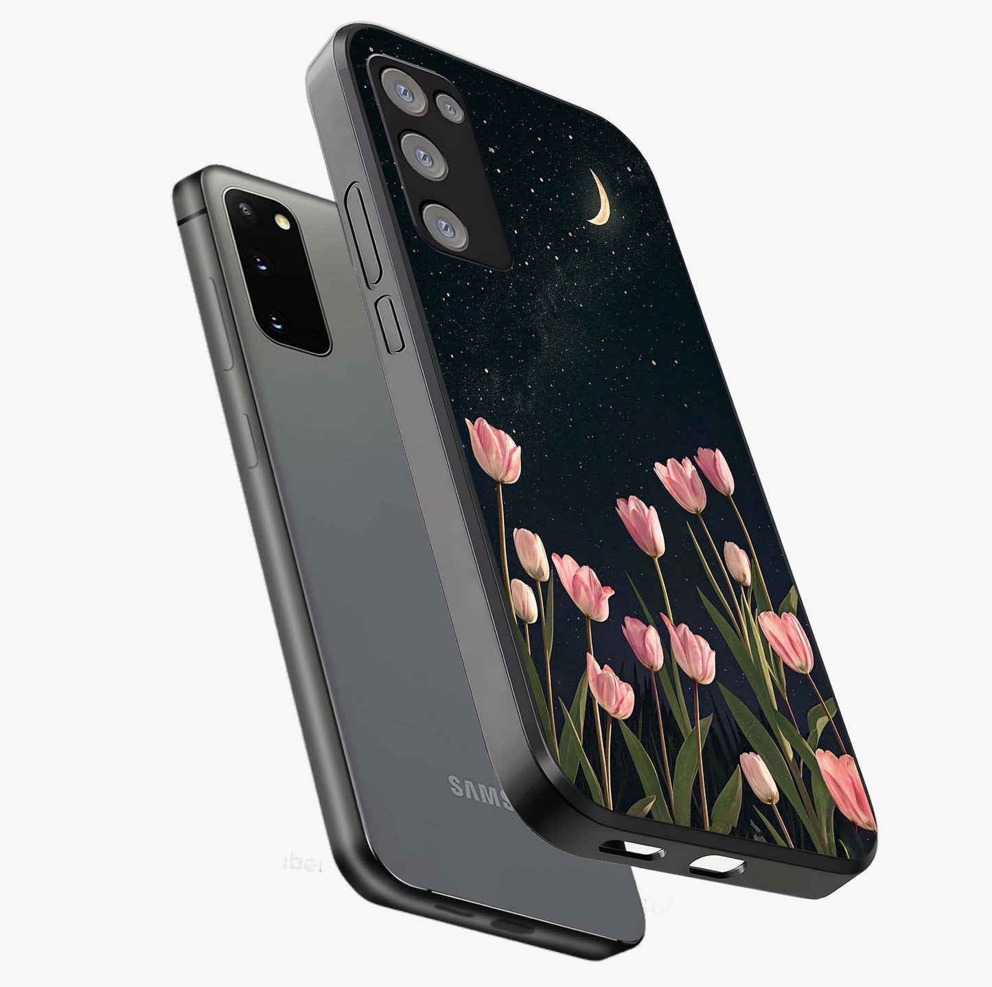 Midnight Tulip Whispers Vibe Glass Case displayed in angled mockup highlighting delicate tulip design with midnight floral aesthetic.