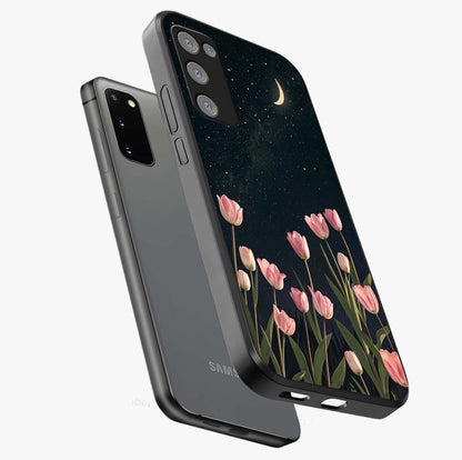 Midnight Tulip Whispers Vibe Glass Case displayed in angled mockup highlighting delicate tulip design with midnight floral aesthetic.