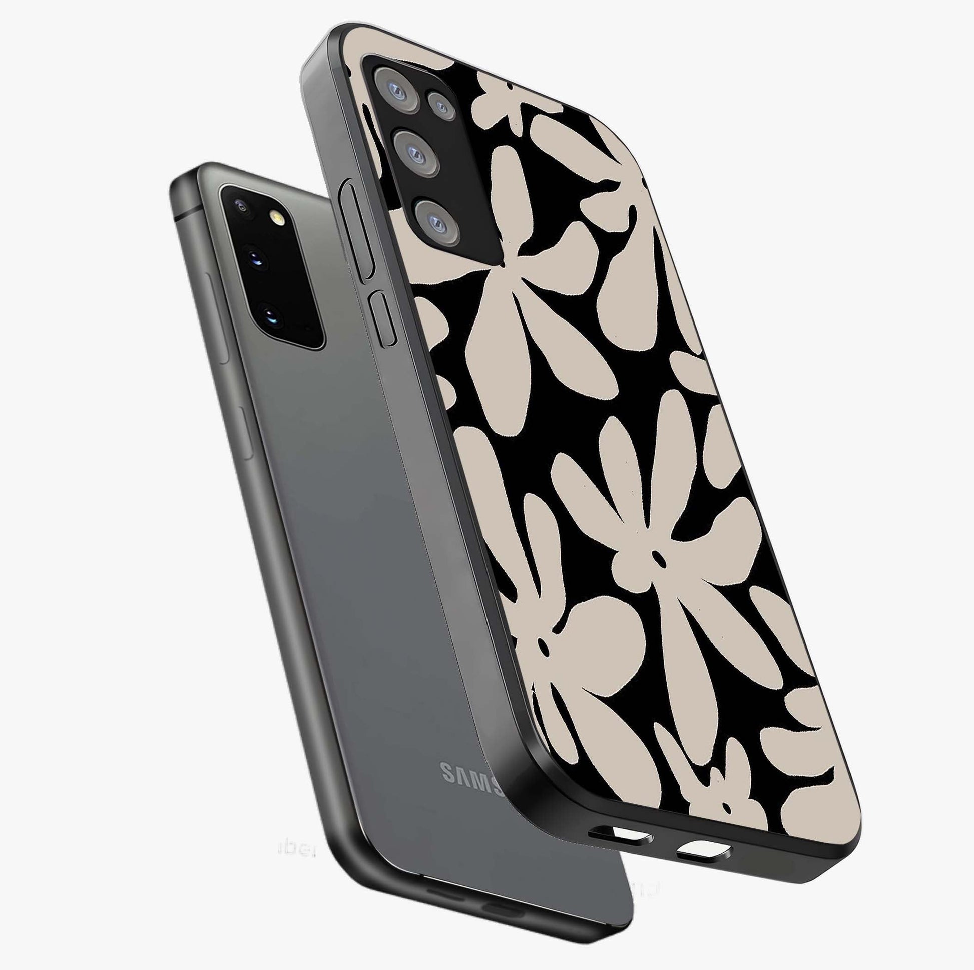Monochrome Petal Dance Glass Case displayed in angled mockup highlighting elegant petal design with black and white aesthetic.