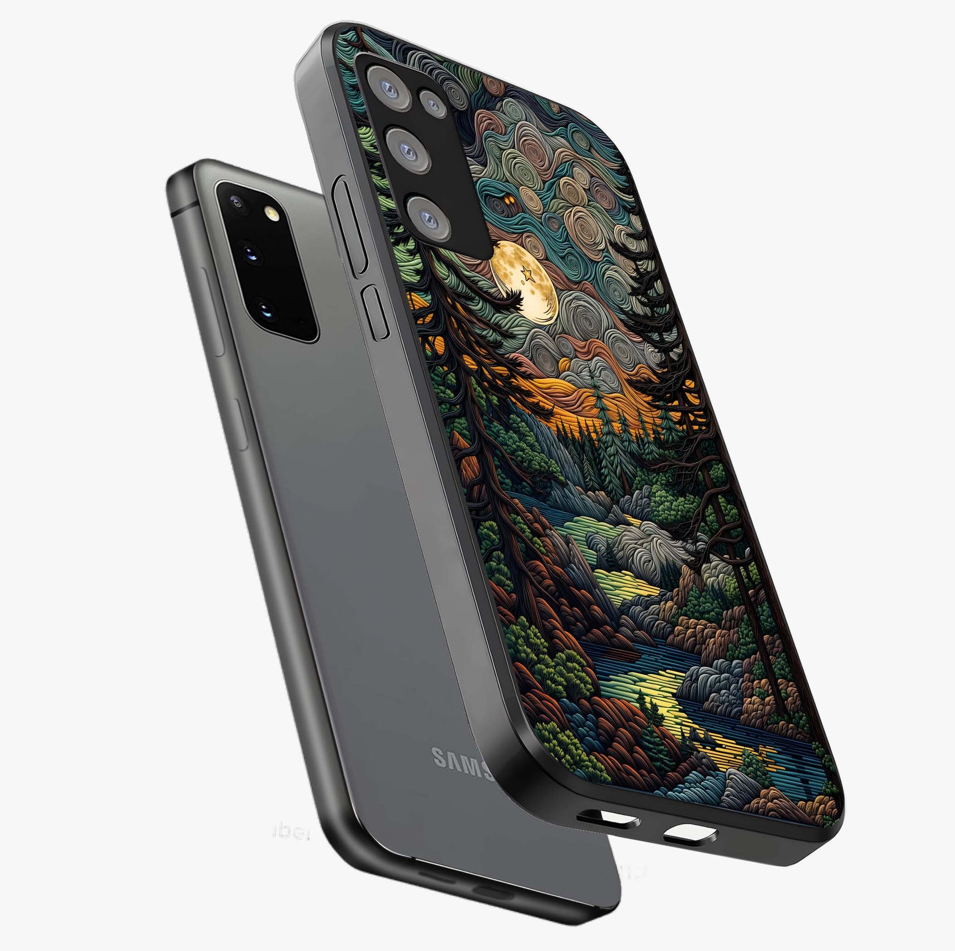 Moonlight Forest Dream Glass Case displayed in angled mockup highlighting dreamy forest design with glowing moon aesthetic.
