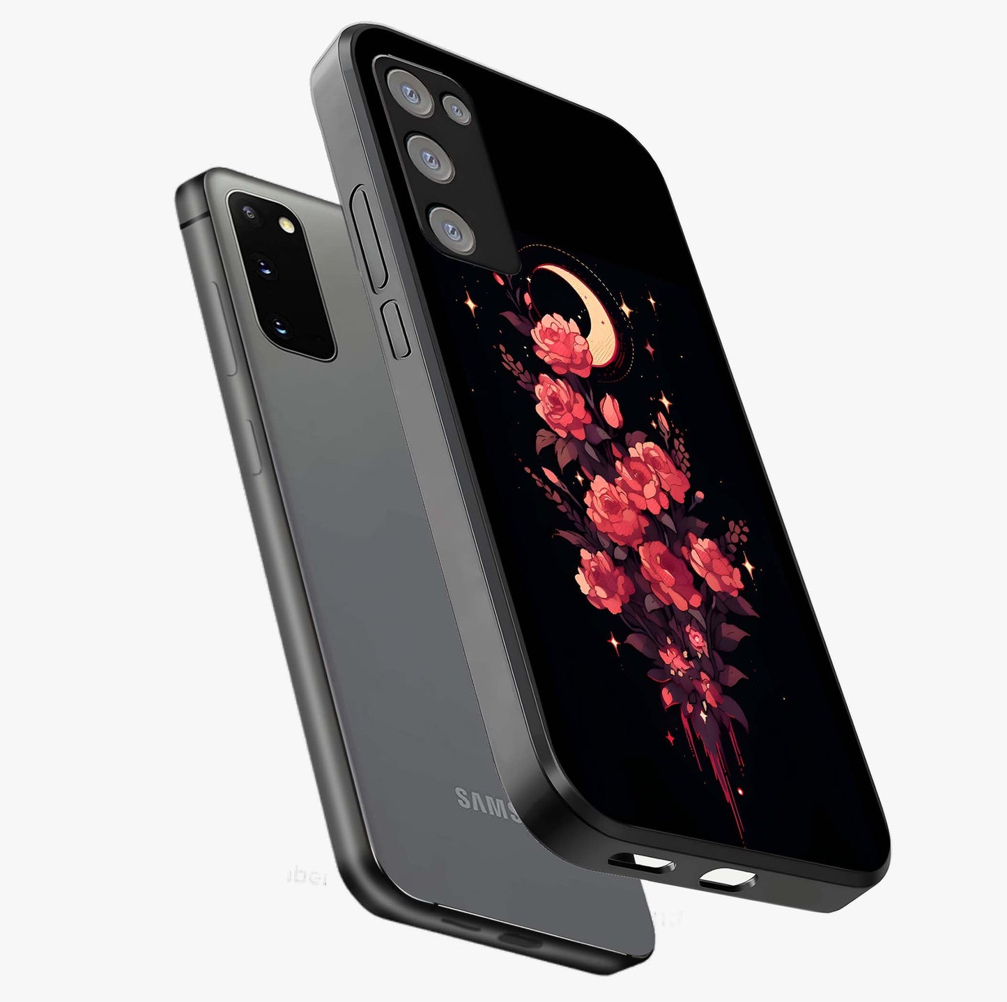 Moonlit Floral Elegance Glass Case displayed in angled mockup highlighting graceful flower design with soft moonlight aesthetic.