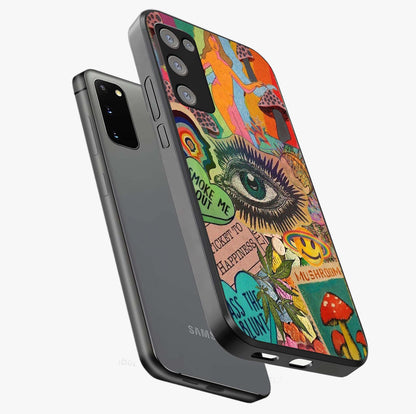 Mystic Eye Wonderland Glass Case displayed in angled mockup highlighting magical eye illustration with dreamy aesthetic.