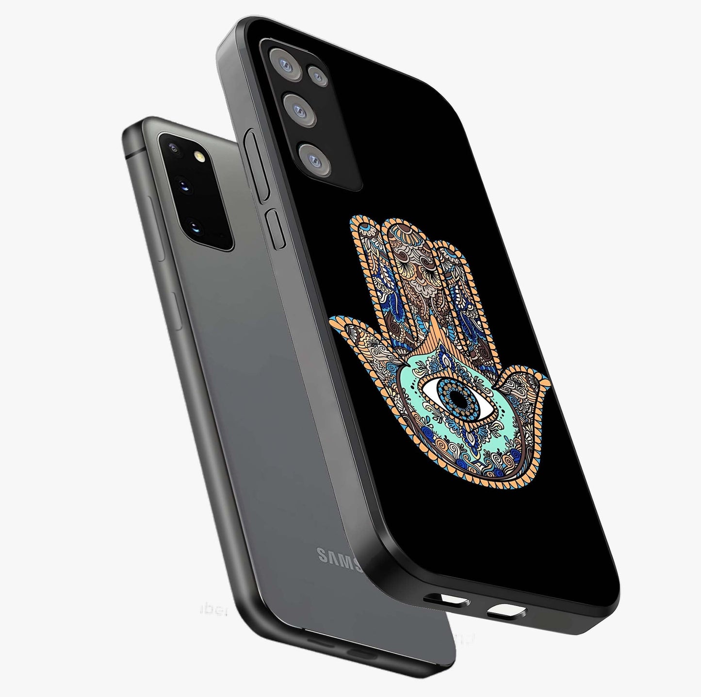 Mystic Hamsa Eye Glass Case displayed in angled mockup highlighting spiritual hamsa symbol with mystical aesthetic style.