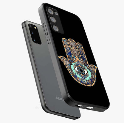 Mystic Hamsa Eye Glass Case displayed in angled mockup highlighting spiritual hamsa symbol with mystical aesthetic style.