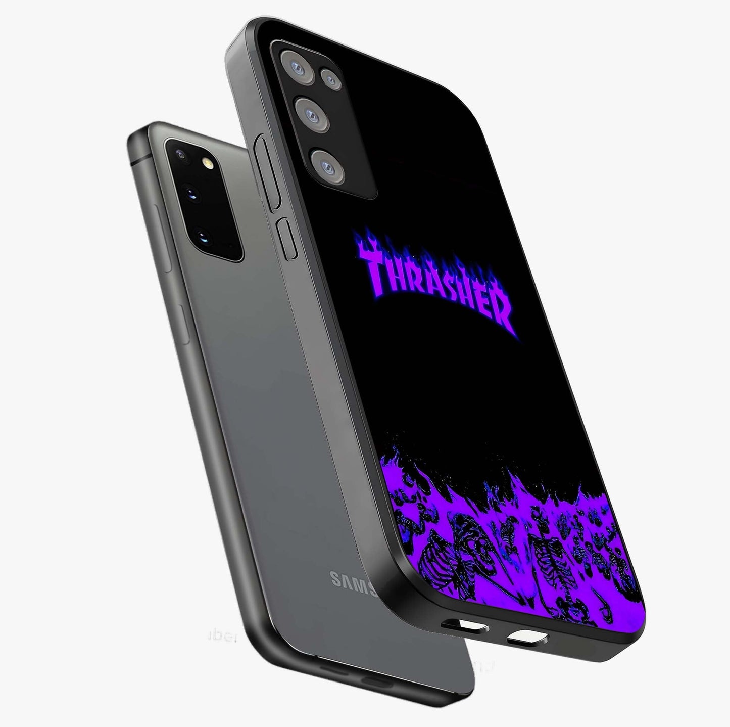 Neon Flame Riot Glass Case displayed in angled mockup highlighting glowing flame design with vibrant neon aesthetic.