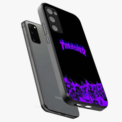 Neon Flame Riot Glass Case displayed in angled mockup highlighting glowing flame design with vibrant neon aesthetic.