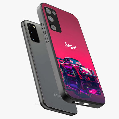 Neon Pink Porsche Glass Case displayed in angled mockup highlighting sleek neon pink car design with racing aesthetic.
