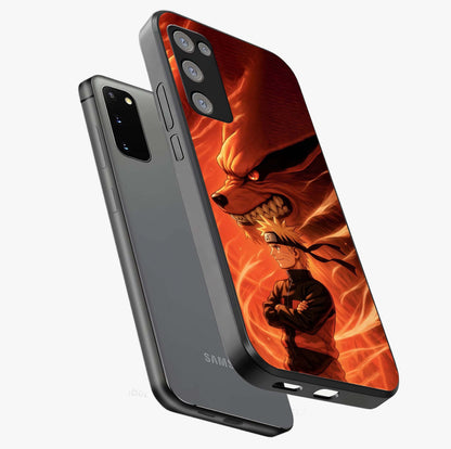 Nine Tails Legacy Glass Case displayed in angled mockup highlighting dynamic anime beast illustration with bold mystical aesthetic.