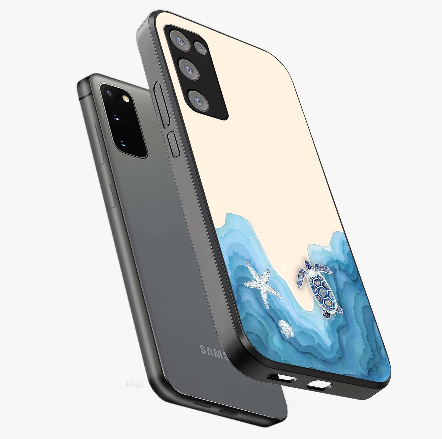 Ocean Drift Turtle Glass Case displayed in angled mockup highlighting peaceful ocean turtle illustration with marine aesthetic.