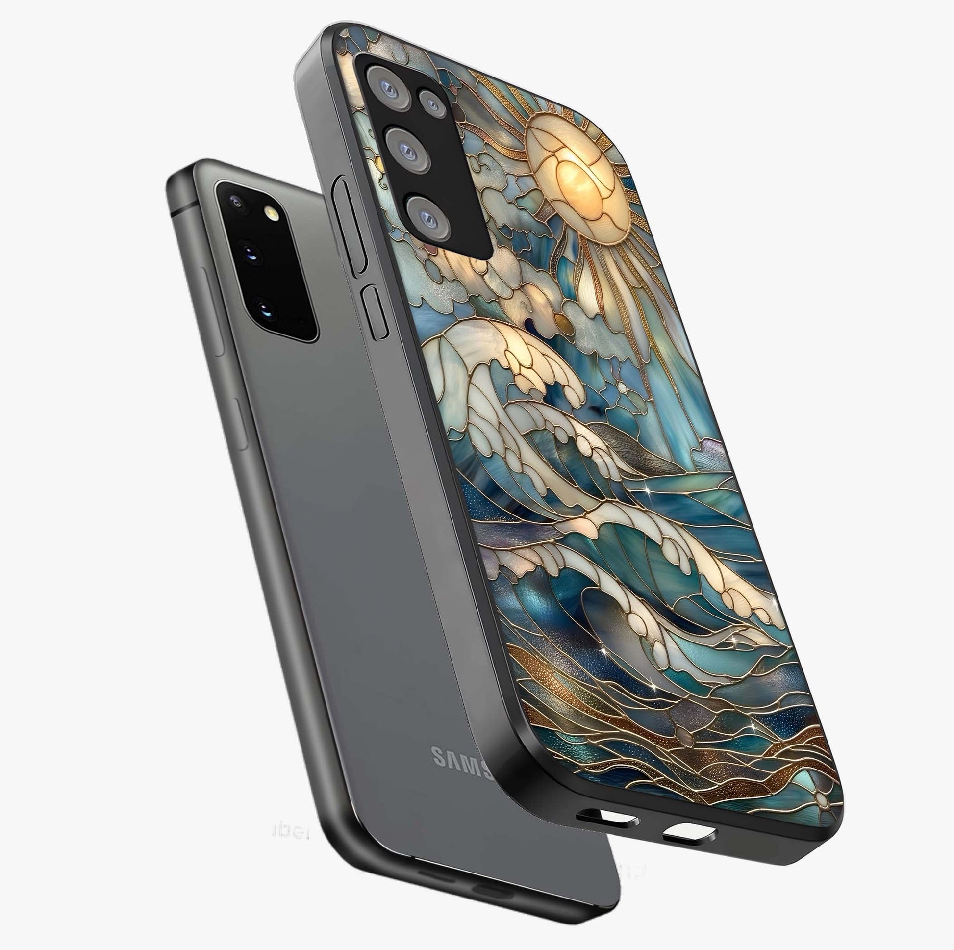 Oceanic Stained Printed Glass Case displayed in angled mockup highlighting colorful aquatic design with artistic aesthetic style.