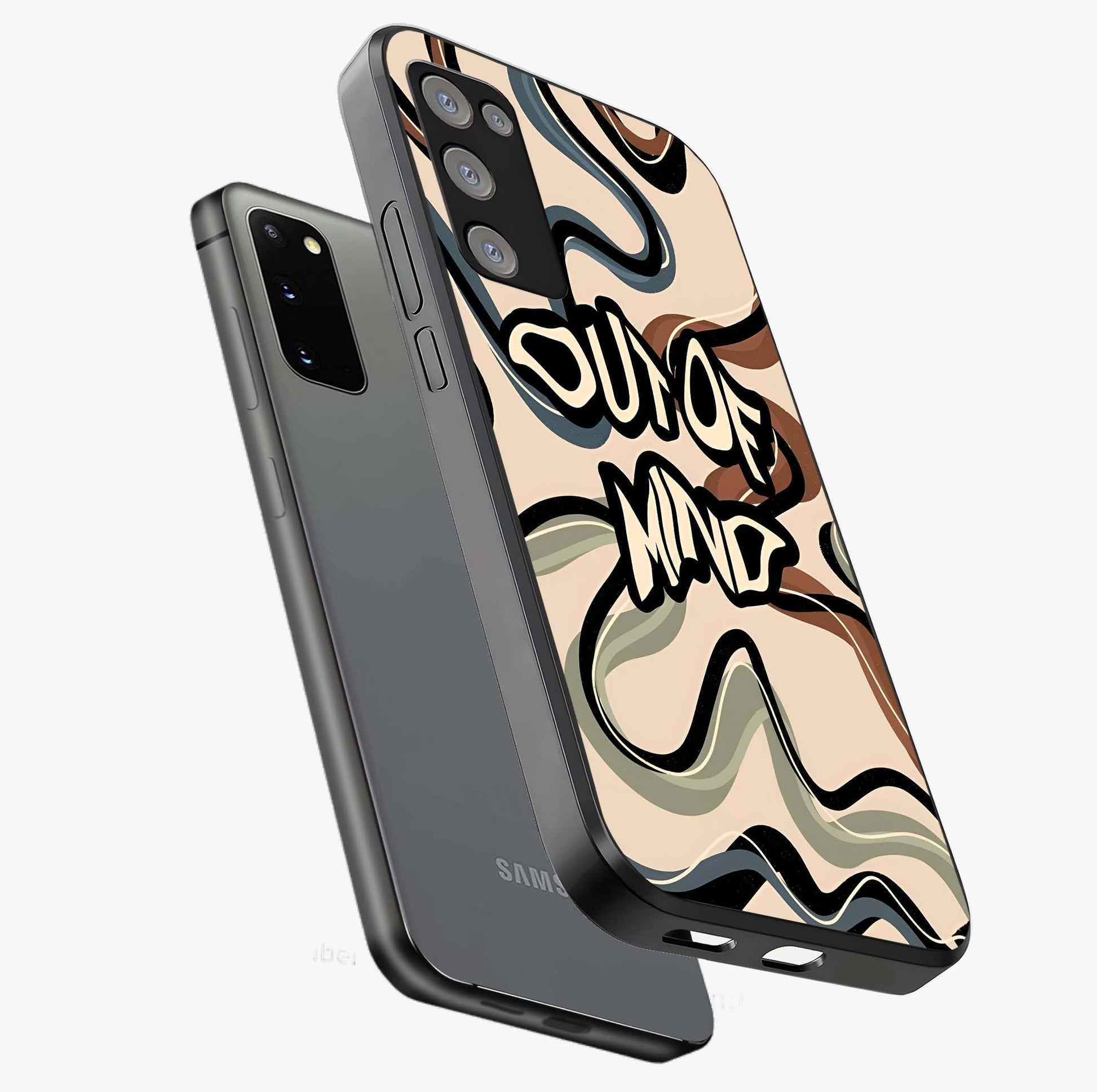 Out Of Mind Glass Case displayed in angled mockup highlighting bold statement design with modern artistic aesthetic.