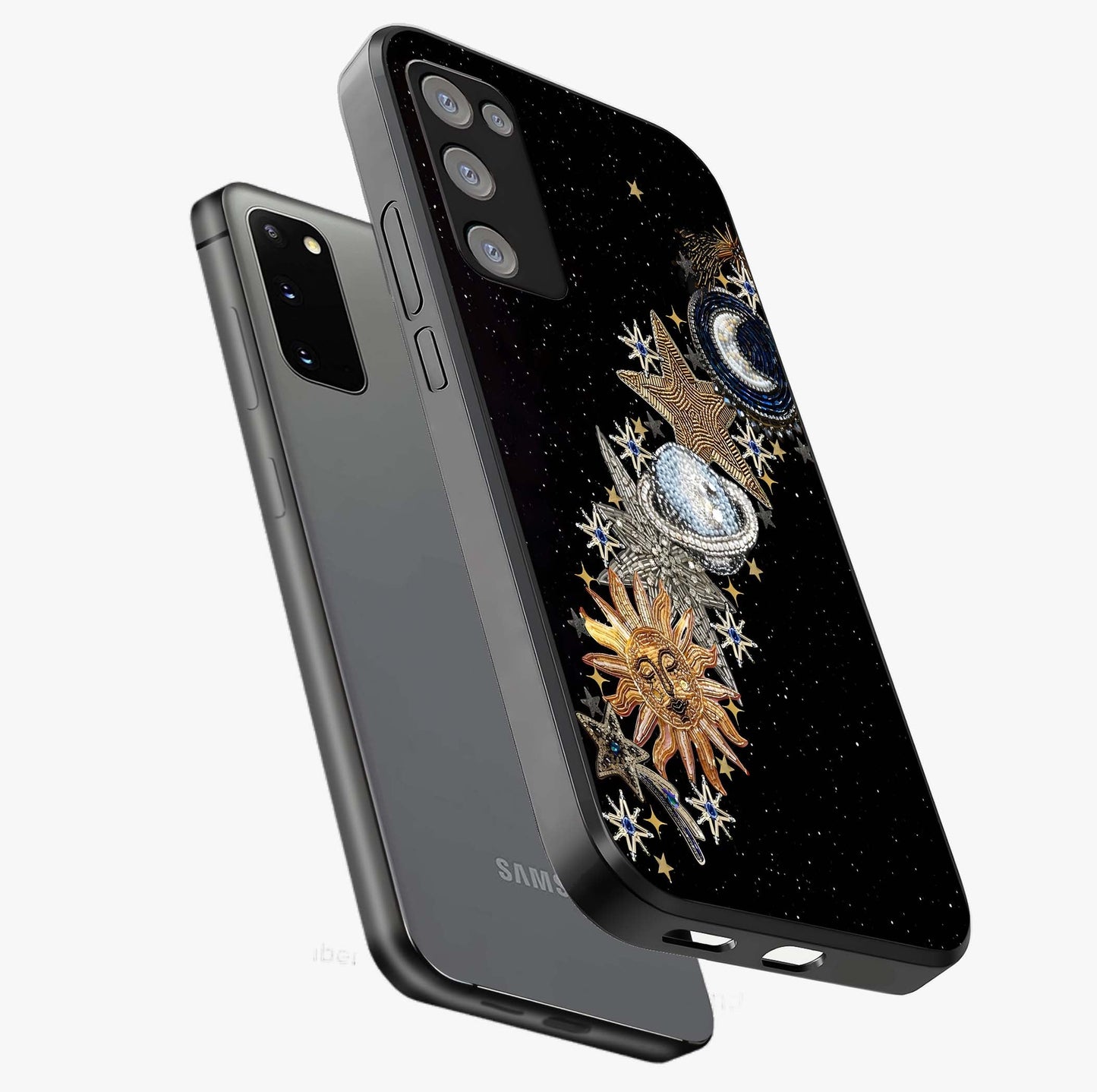 Pearls Universe Object Glass Case displayed in angled mockup highlighting celestial pearl design with dreamy aesthetic.