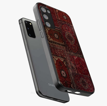 Persian Velvet Tale Glass Case displayed in angled mockup highlighting ornate textile inspired design with royal aesthetic.