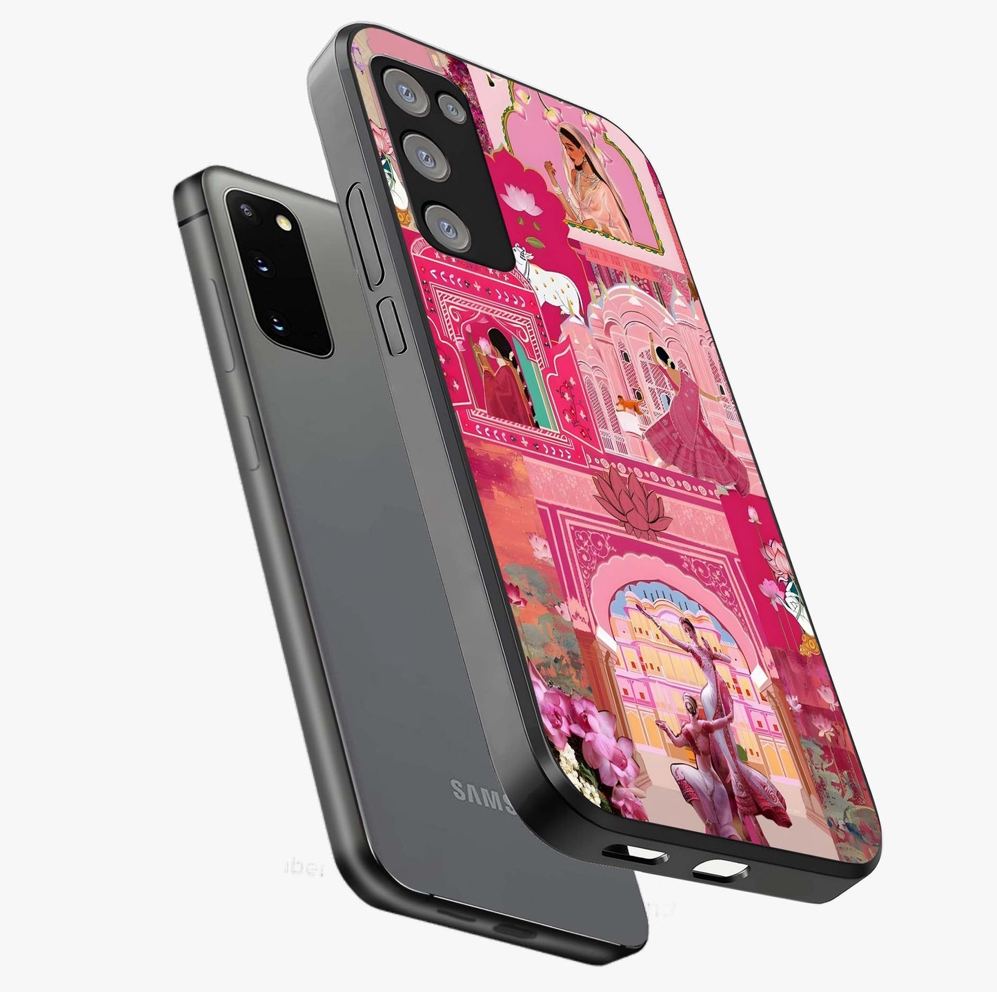 Pink Palace Muse Glass Case displayed in angled mockup highlighting dreamy palace illustration with soft pink aesthetic.