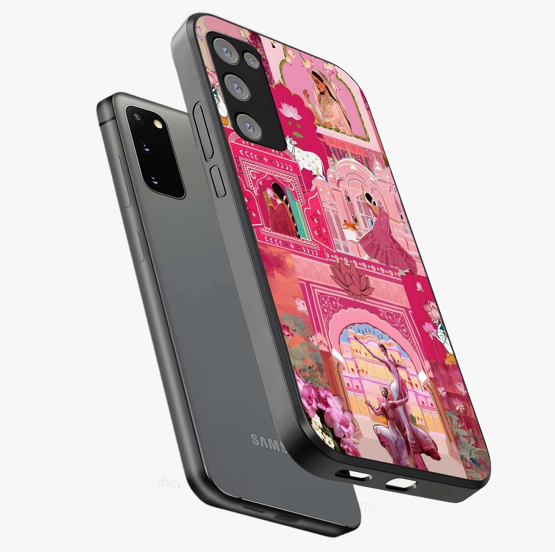 Pink Palace Muse Glass Case displayed in angled mockup highlighting dreamy palace illustration with soft pink aesthetic.