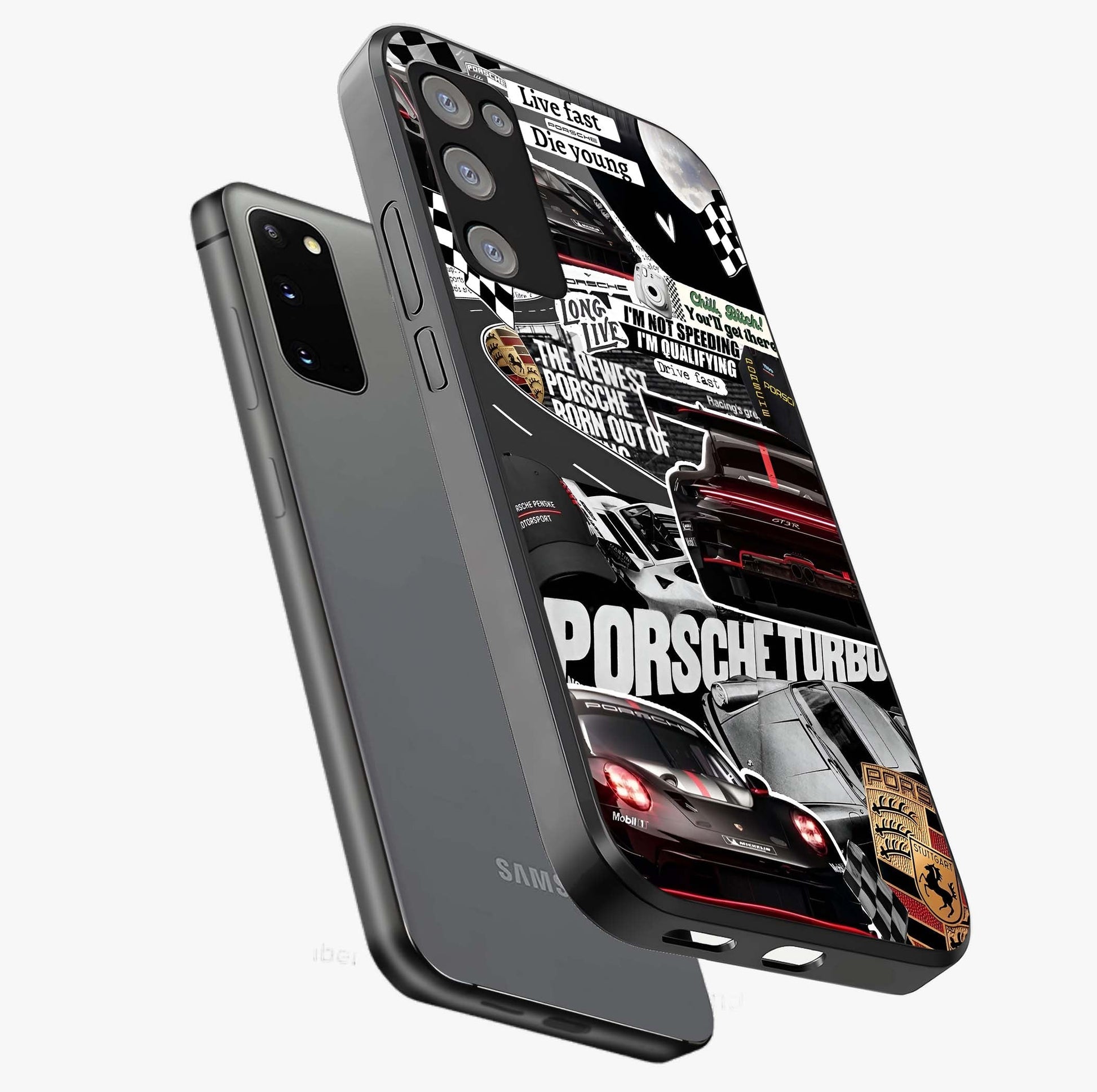 Porsche Racing Collage Glass Case displayed in angled mockup highlighting dynamic automotive design with bold racing aesthetic.