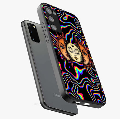 Psychedelic Sun Glass Case displayed in angled mockup highlighting vibrant abstract sun design with artistic aesthetic style.