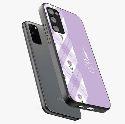 Purple Diamond Floral Glass Case displayed in angled mockup highlighting elegant purple flower design with decorative pattern.