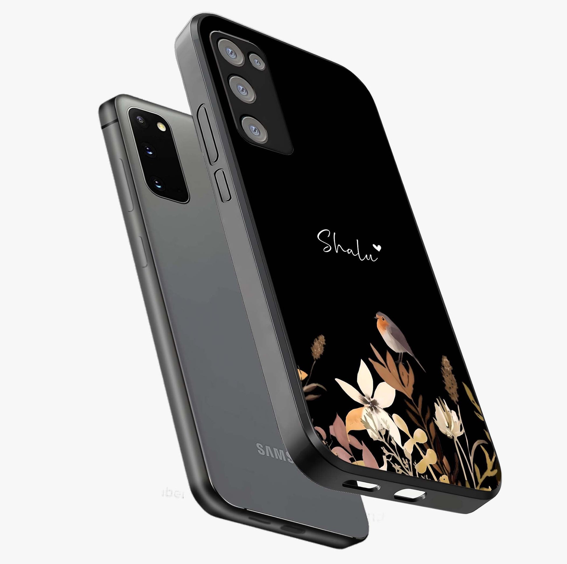 Quiet Garden Tune Custom Name Glass Case displayed in angled mockup highlighting delicate floral garden design with custom name feature.