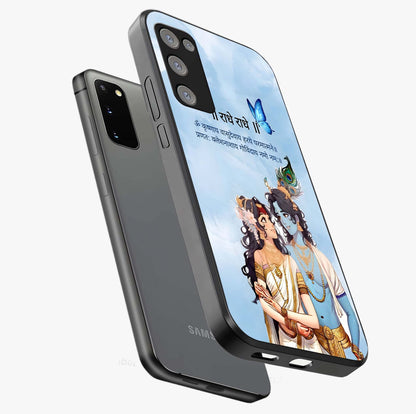 Radha Krishna Eternal Glass Case displayed in angled mockup highlighting divine Radha Krishna illustration with spiritual aesthetic.