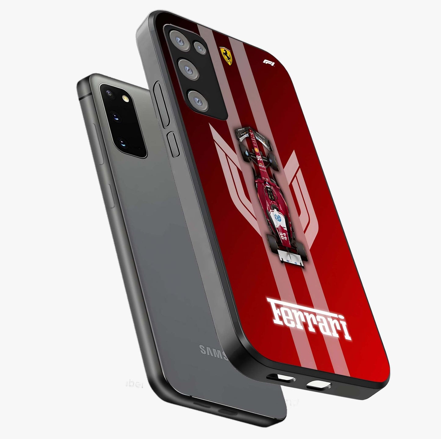 Red Ferrari F1 Vertical Glass Case displayed in angled mockup highlighting high speed racing design with bold automotive aesthetic.