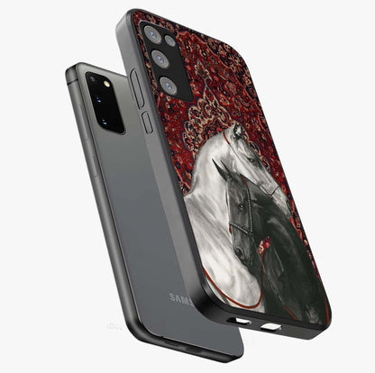 Regal Stallion Tapestry Glass Case displayed in angled mockup highlighting royal stallion design with decorative heritage aesthetic.