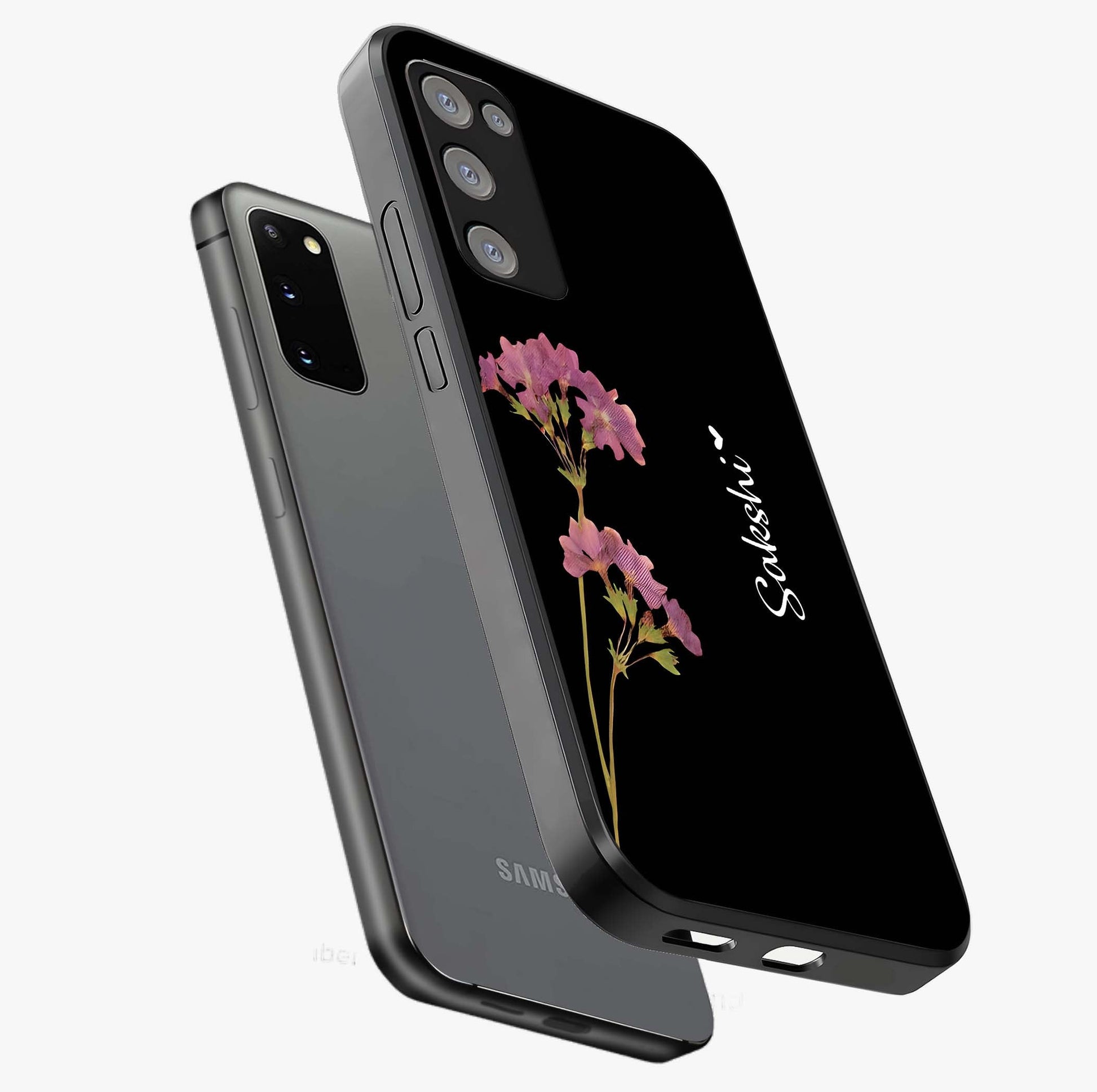 Riching Lavender Flower Custom Name Glass Case displayed in angled mockup highlighting delicate lavender flower design with custom name feature.