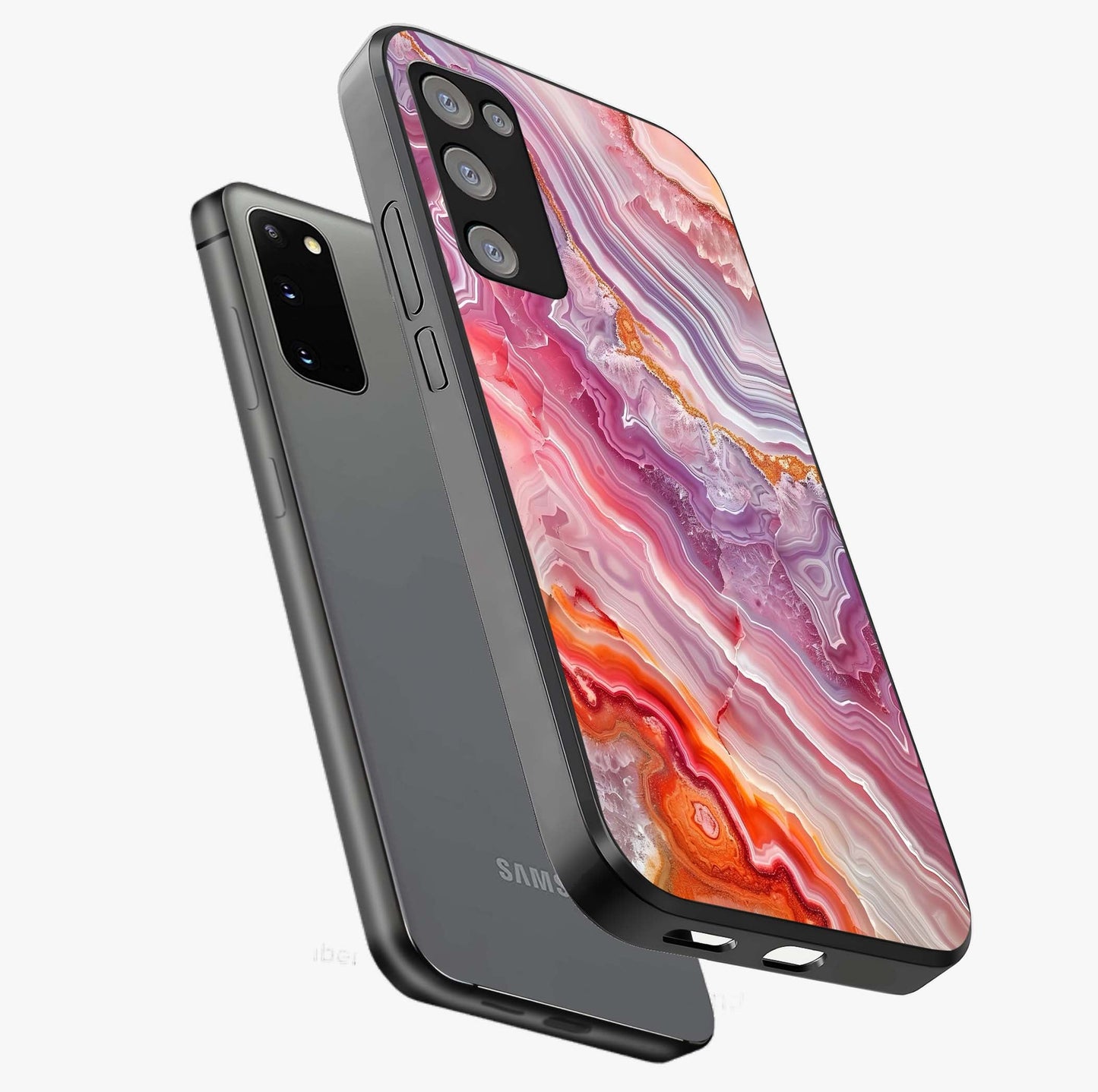 Rose Quartz Marble Glass Case displayed in angled mockup highlighting elegant marble pattern with soft aesthetic style.