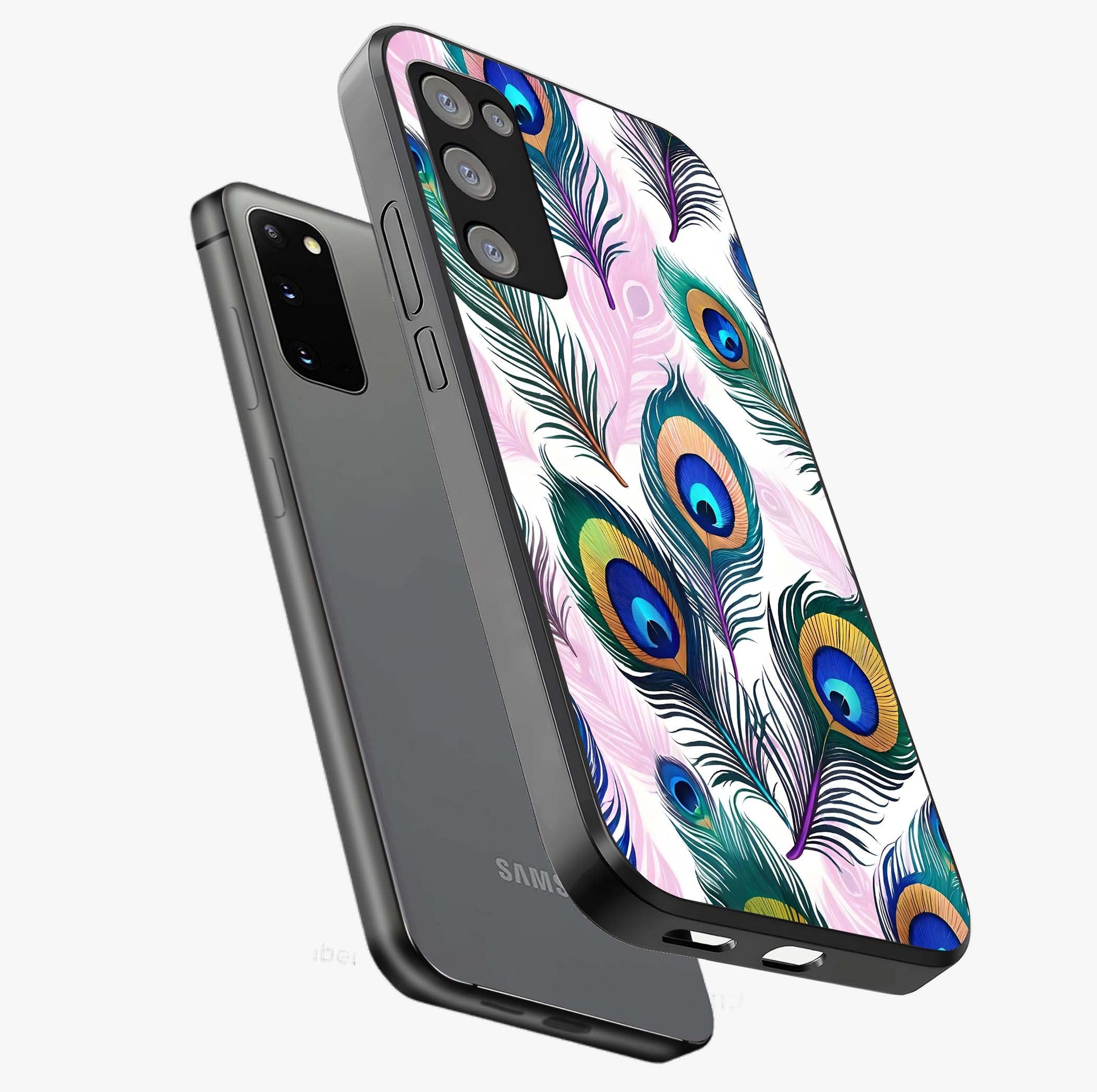 Royal Peacock Feathers Glass Case displayed in angled mockup highlighting vibrant feather pattern with regal aesthetic style.