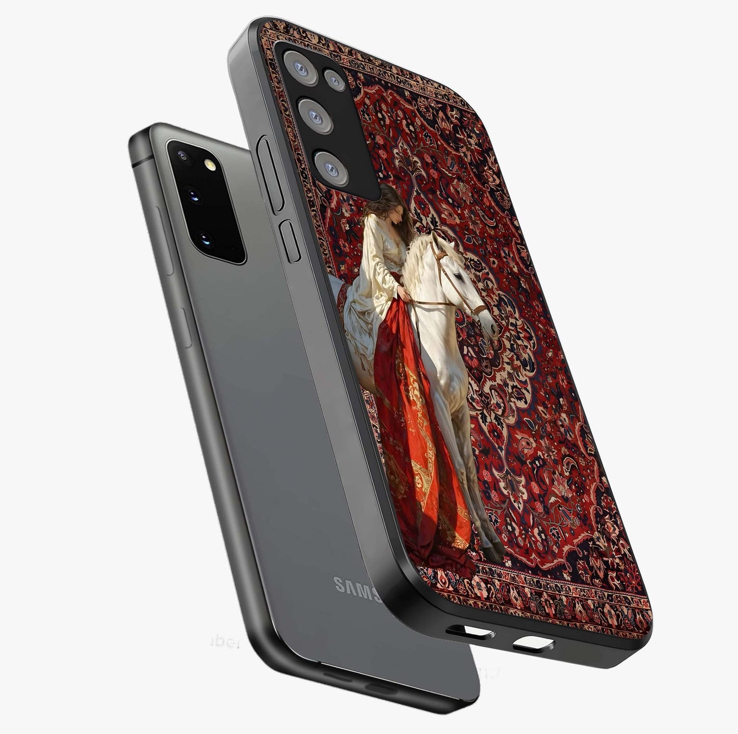 Royal Rider Tapestry Glass Case displayed in angled mockup highlighting traditional tapestry design with royal heritage aesthetic.