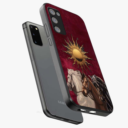 Solar Riders Glass Case displayed in angled mockup highlighting powerful rider illustration with radiant solar aesthetic.