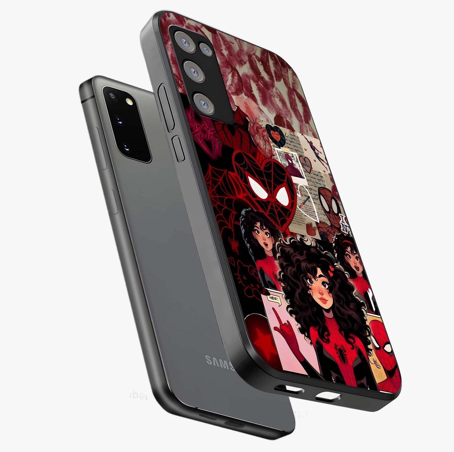 Spider Love Story Glass Case displayed in angled mockup highlighting expressive comic inspired design with playful aesthetic.