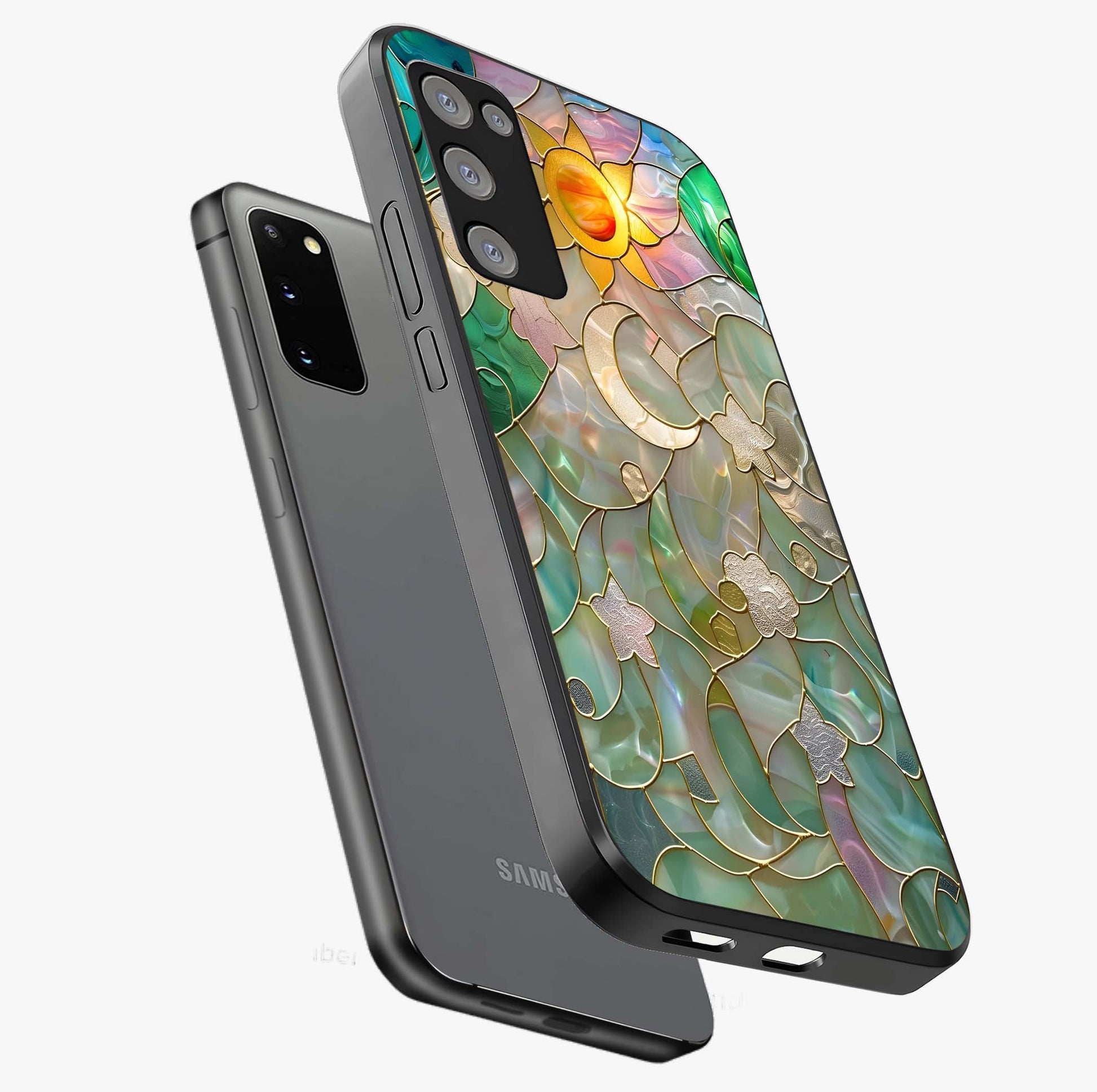 Stained Sunrise Glow Glass Case displayed in angled mockup highlighting radiant sunrise design with artistic aesthetic style.