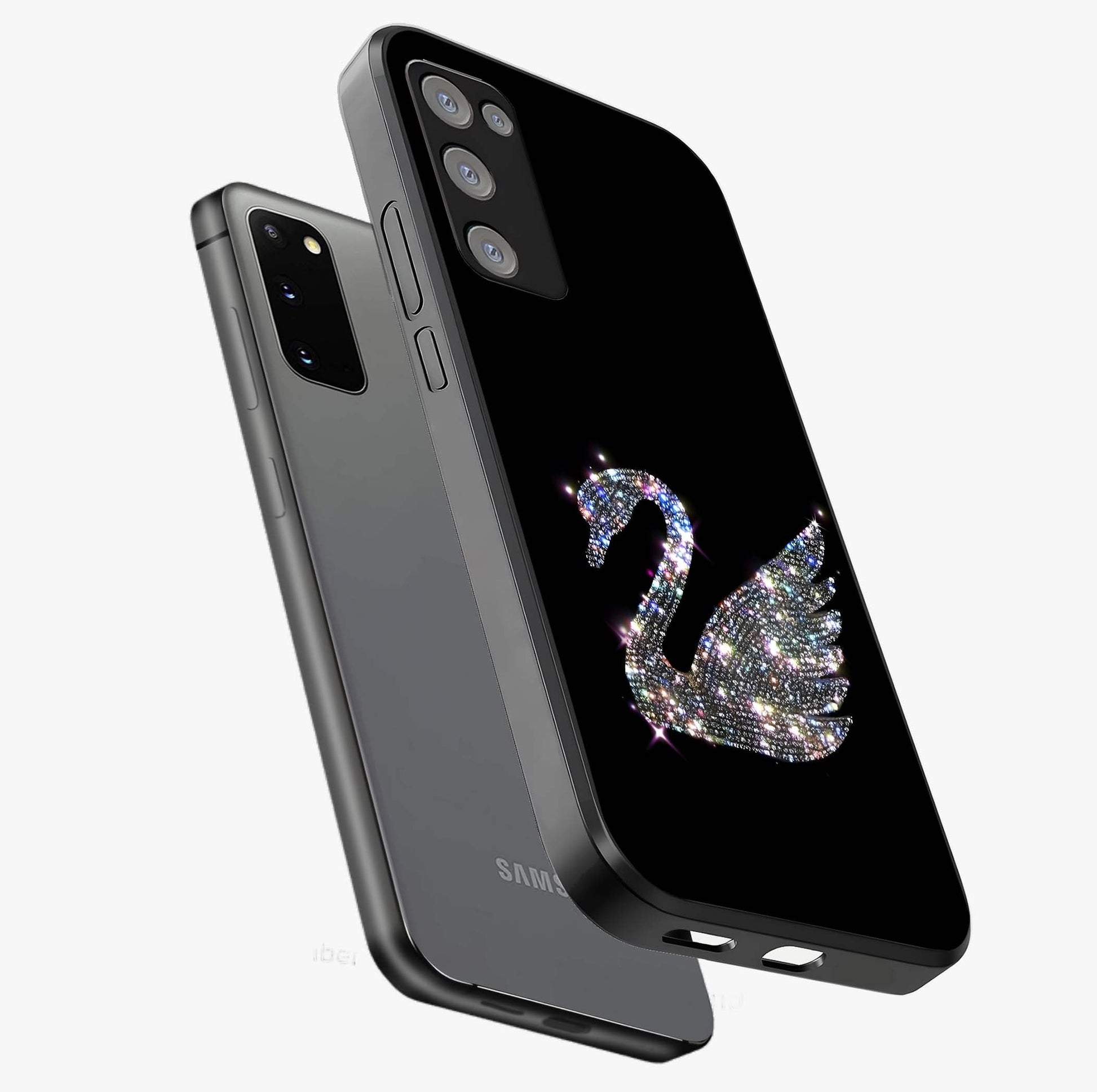 Starlit Swan Grace Glass Case displayed in angled mockup highlighting elegant swan illustration with dreamy celestial aesthetic.