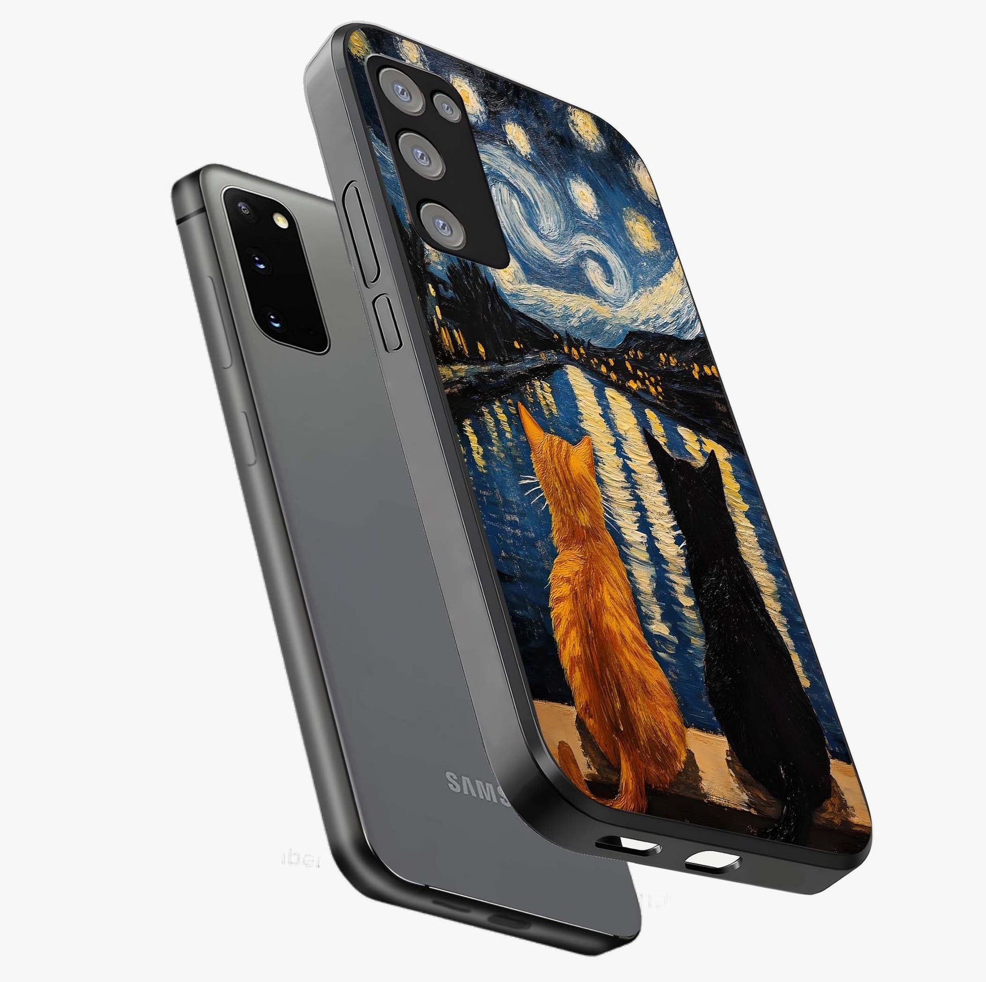Starry River Cats Glass Case displayed in angled mockup highlighting charming feline illustration with dreamy night aesthetic.