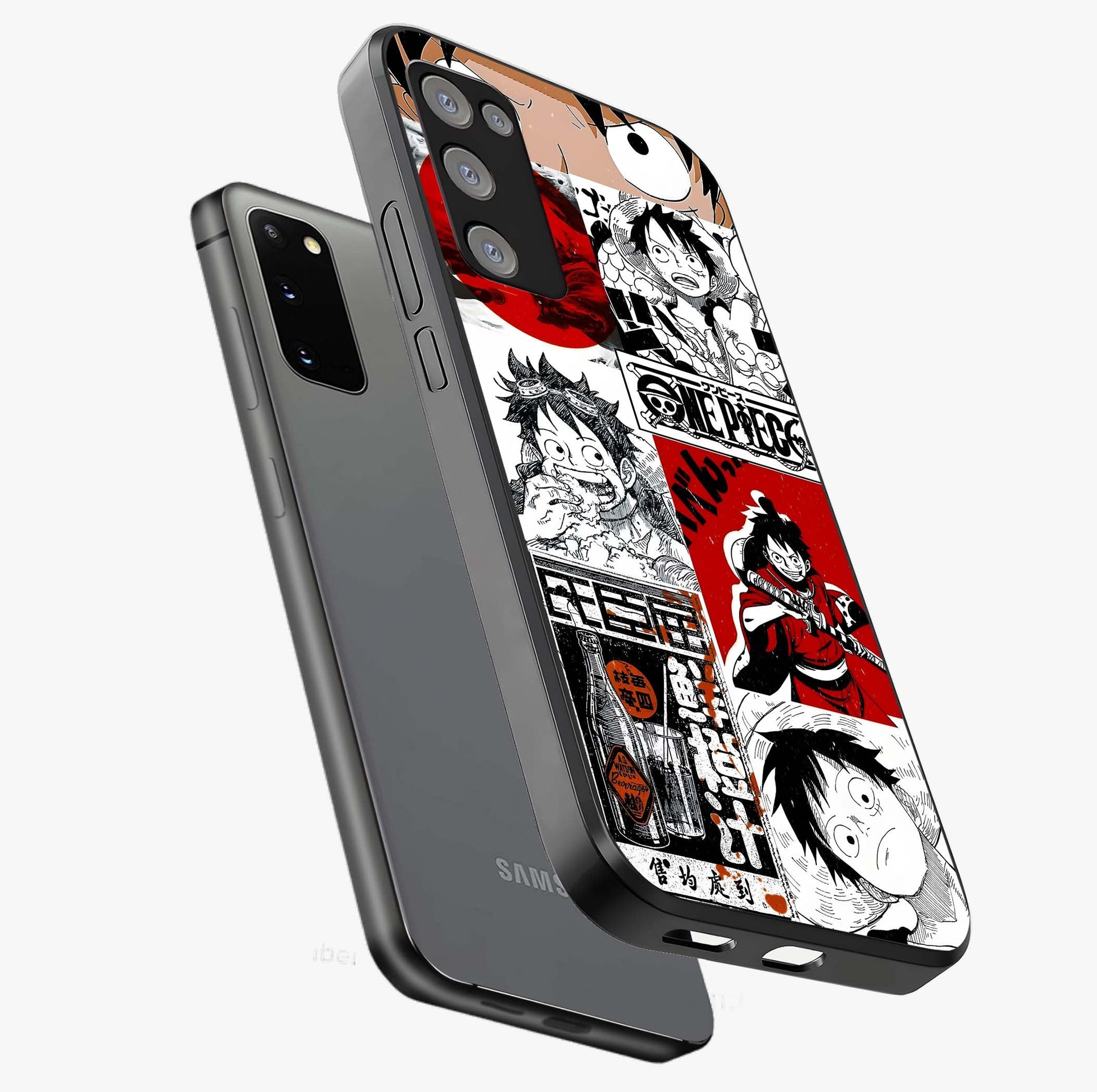 Strawhat Chaos Panels Glass Case displayed in angled mockup highlighting vibrant anime collage design with action aesthetic.