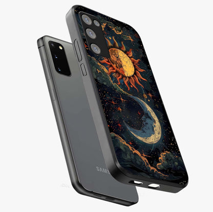 Sun And Moon Magic Design Glass Case displayed in angled mockup highlighting celestial design with magical cosmic aesthetic.